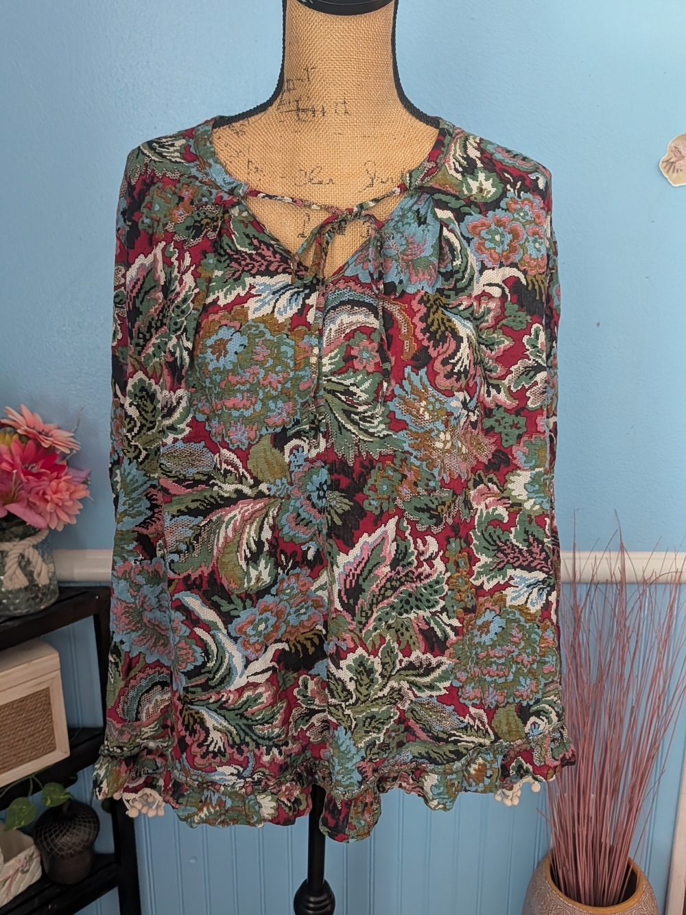 Umgee Multi-Color Floral Lace-Up Blouse
